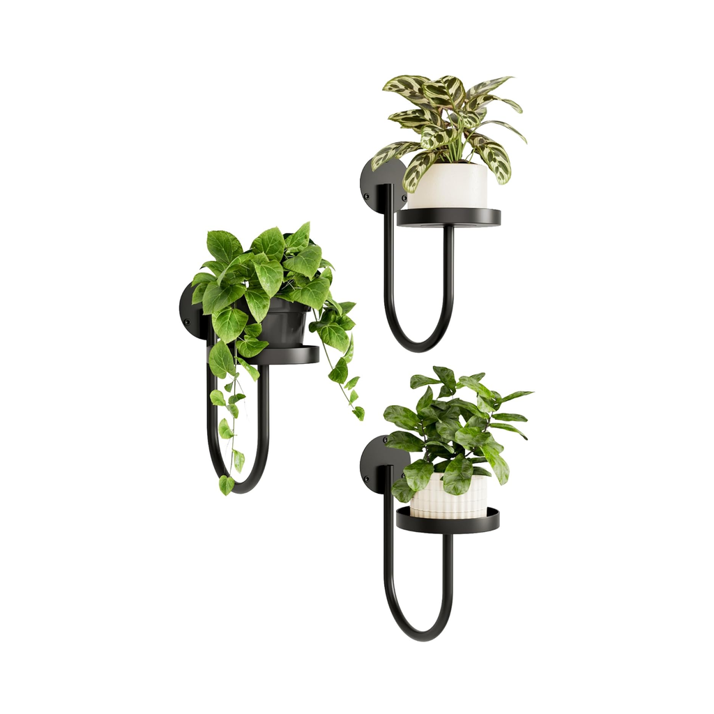 Set de 3 soportes de pared para macetas en forma de U, estructura metálica negra para salón y balcón