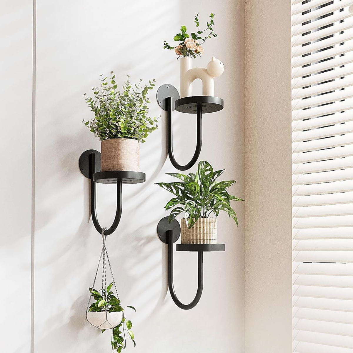 Set de 3 soportes de pared para macetas en forma de U, estructura metálica negra para salón y balcón