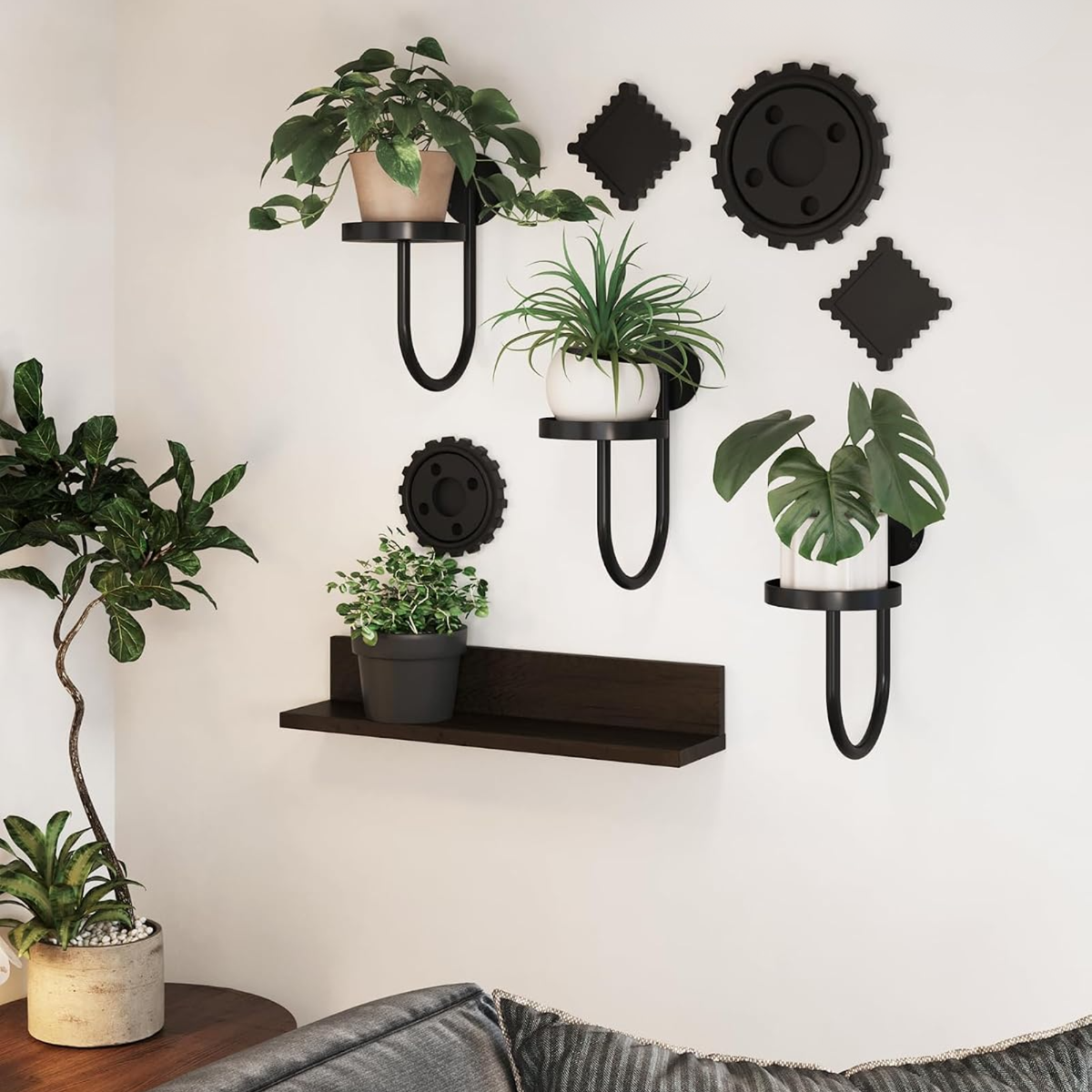 Set de 3 soportes de pared para macetas en forma de U, estructura metálica negra para salón y balcón