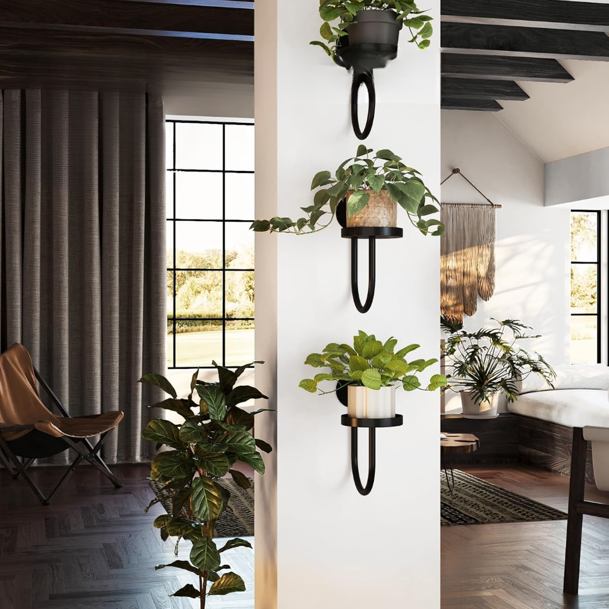 Set de 3 soportes de pared para macetas en forma de U, estructura metálica negra para salón y balcón