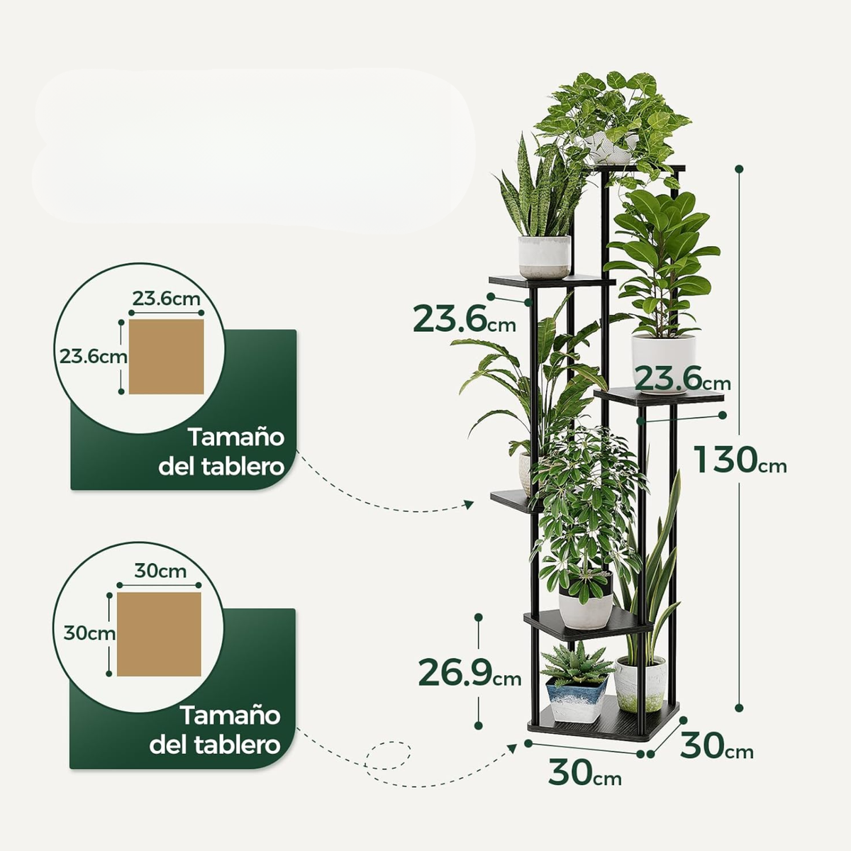 Estantería para plantas de 6 niveles, estructura metálica con estantes de madera, negra, para interior y exterior