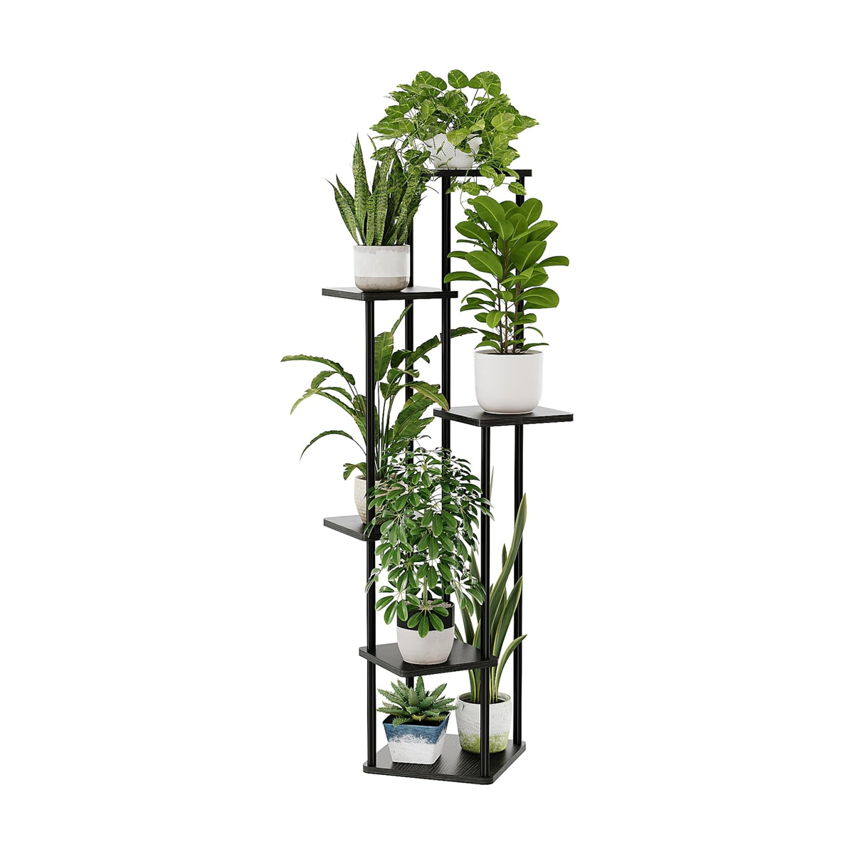 Estantería para plantas de 6 niveles, estructura metálica con estantes de madera, negra, para interior y exterior