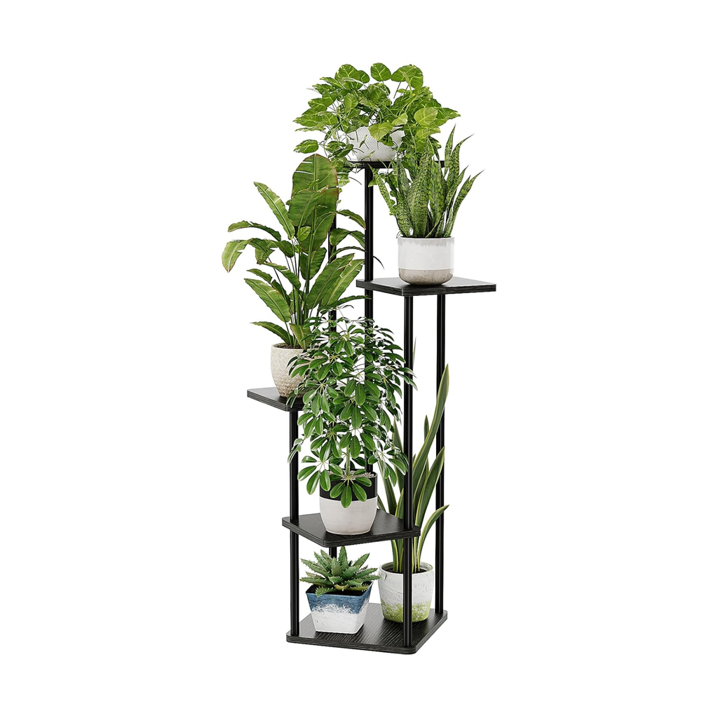 Estantería esquinera para plantas de 5 niveles, estructura metálica con estantes de madera, negra, para interior y exterior