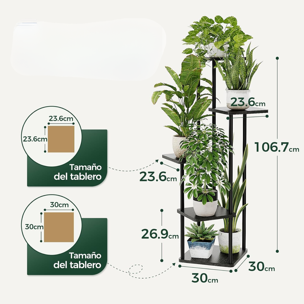 Estantería esquinera para plantas de 5 niveles, estructura metálica con estantes de madera, negra, para interior y exterior