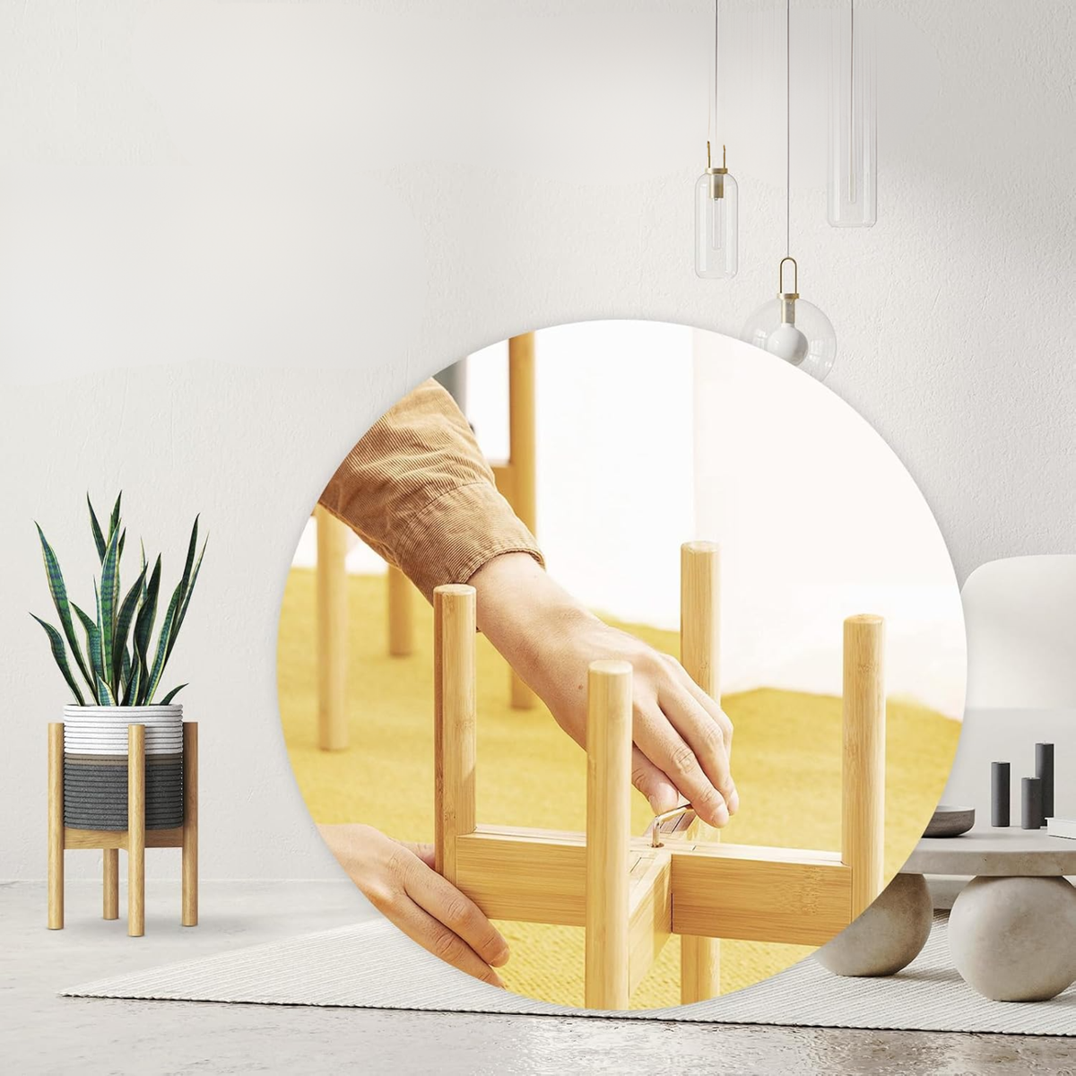 Set de macetero textil con soporte de bambú, pedestal decorativo para plantas de interior