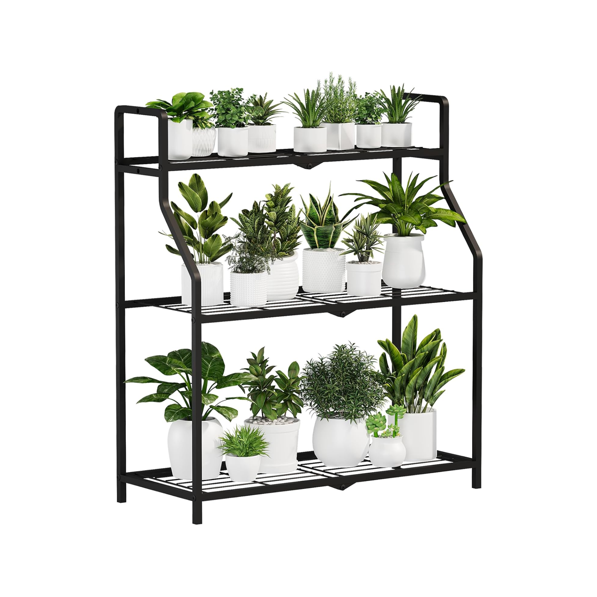 Estantería metálica para plantas de 3 niveles, soporte negro para interior y exterior