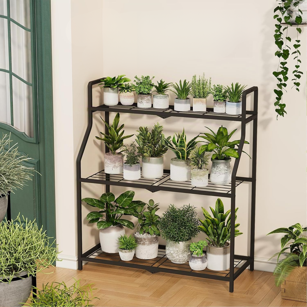 Estantería metálica para plantas de 3 niveles, soporte negro para interior y exterior