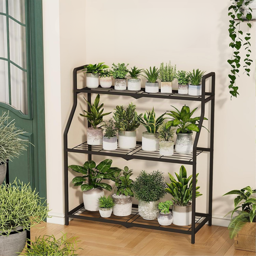 Estantería metálica para plantas de 3 niveles, soporte negro para interior y exterior