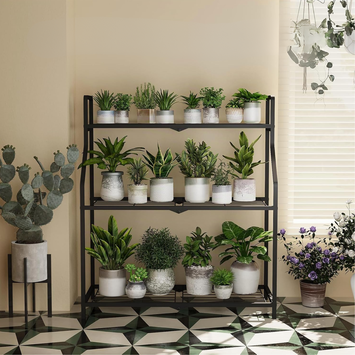 Estantería metálica para plantas de 3 niveles, soporte negro para interior y exterior