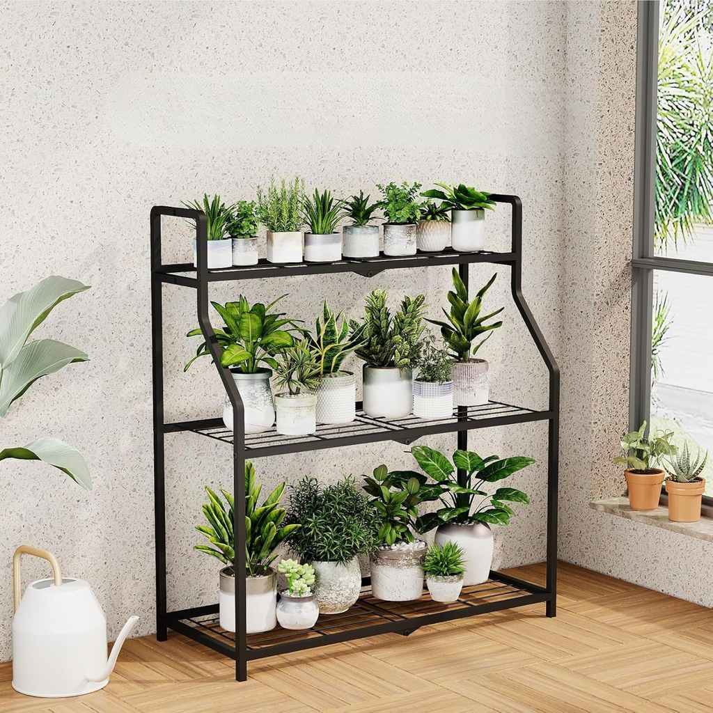 Estantería metálica para plantas de 3 niveles, soporte negro para interior y exterior
