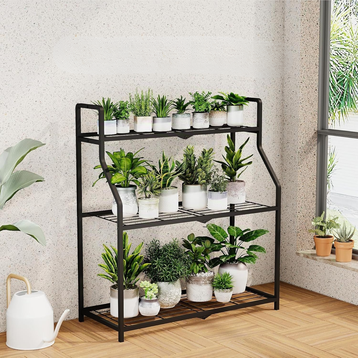 Estantería metálica para plantas de 3 niveles, soporte negro para interior y exterior