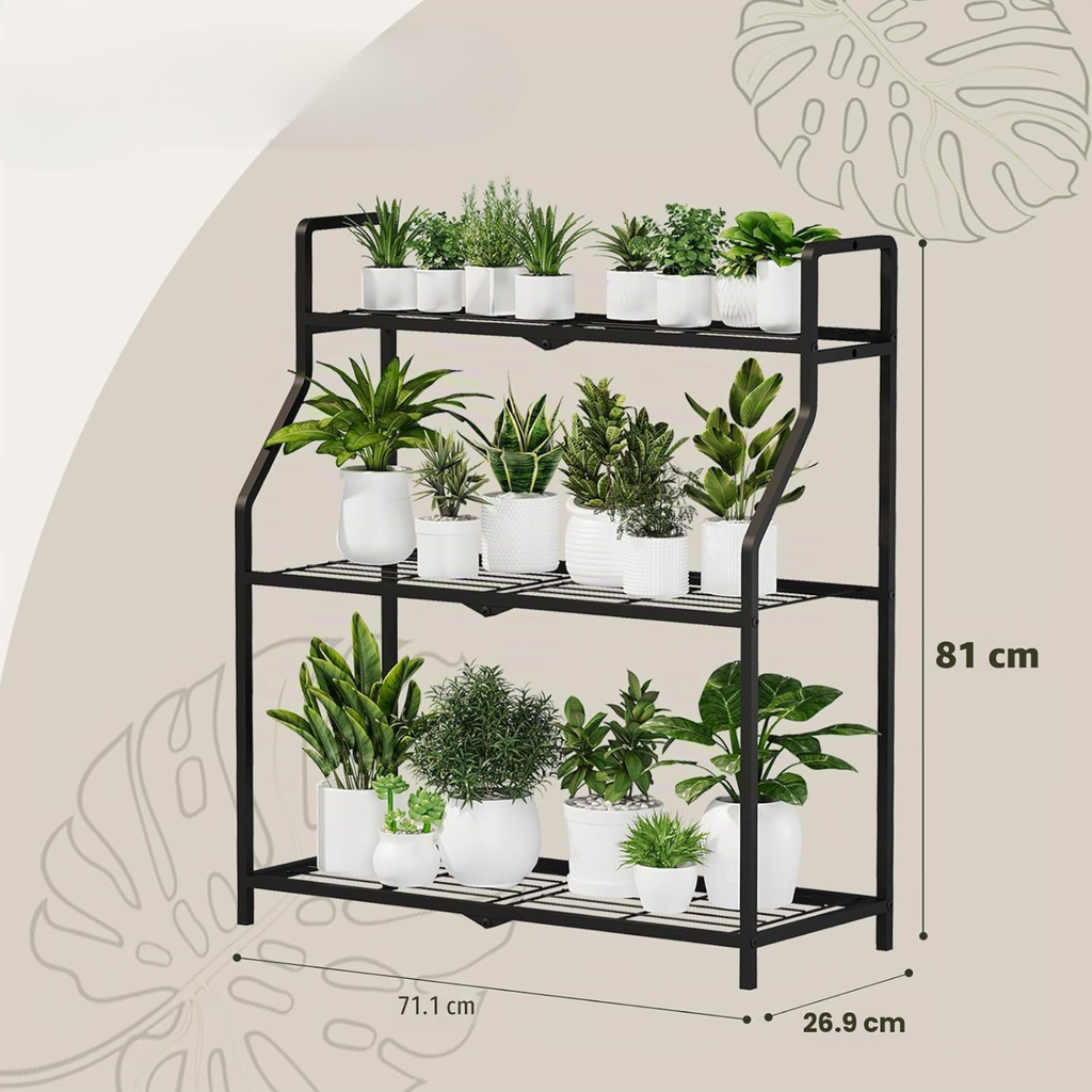 Estantería metálica para plantas de 3 niveles, soporte negro para interior y exterior
