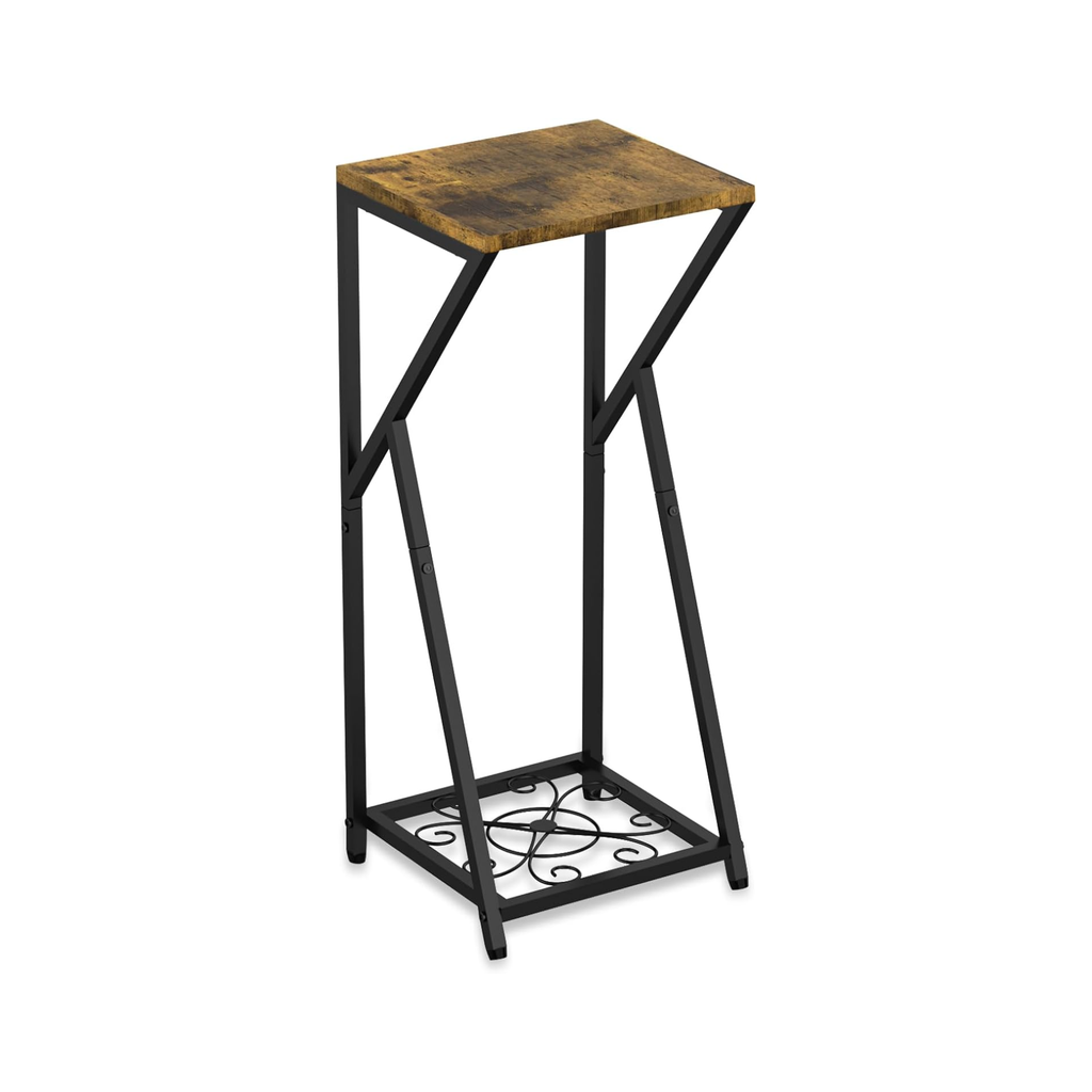 Soporte para plantas de 2 niveles, estructura metálica con estante de madera, ideal para interior, balcón y terraza