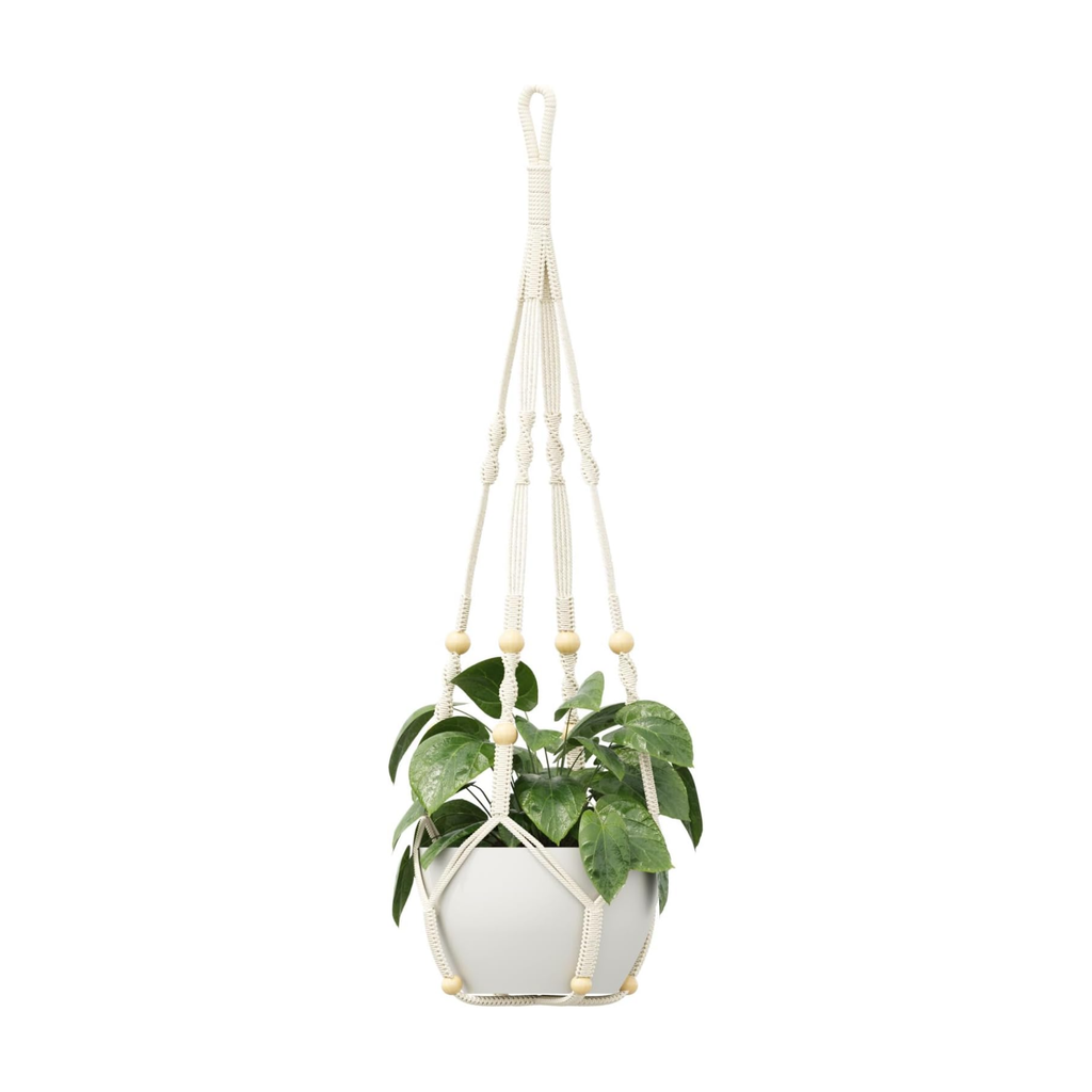 Colgador de macramé para macetas con cuentas de madera, soporte colgante boho para interior y exterior