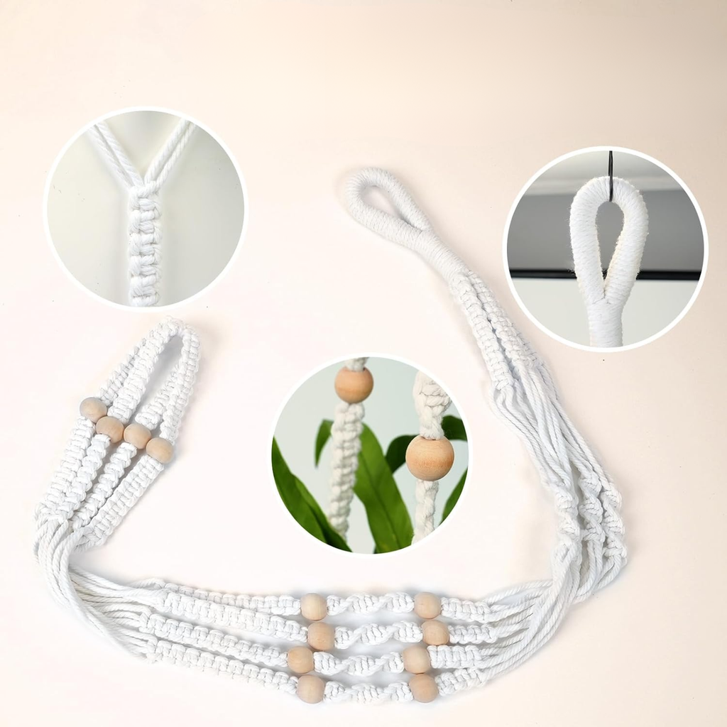 Colgador de macramé para macetas con cuentas de madera, soporte colgante boho para interior y exterior