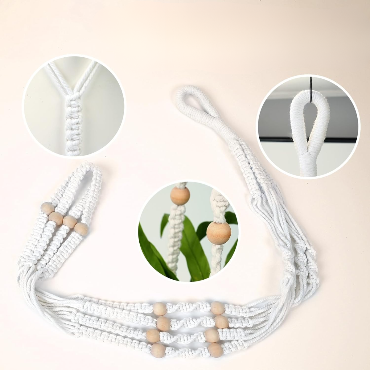 Colgador de macramé para macetas con cuentas de madera, soporte colgante boho para interior y exterior