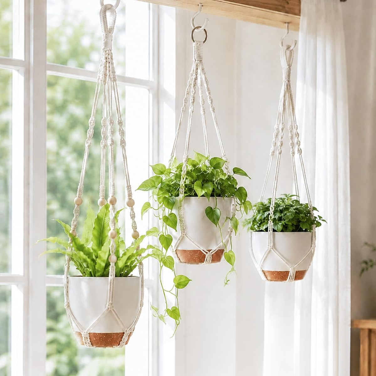 Set de 3 maceteros colgantes con soportes de macramé y sistema de autorriego, blancos, para interior y balcón