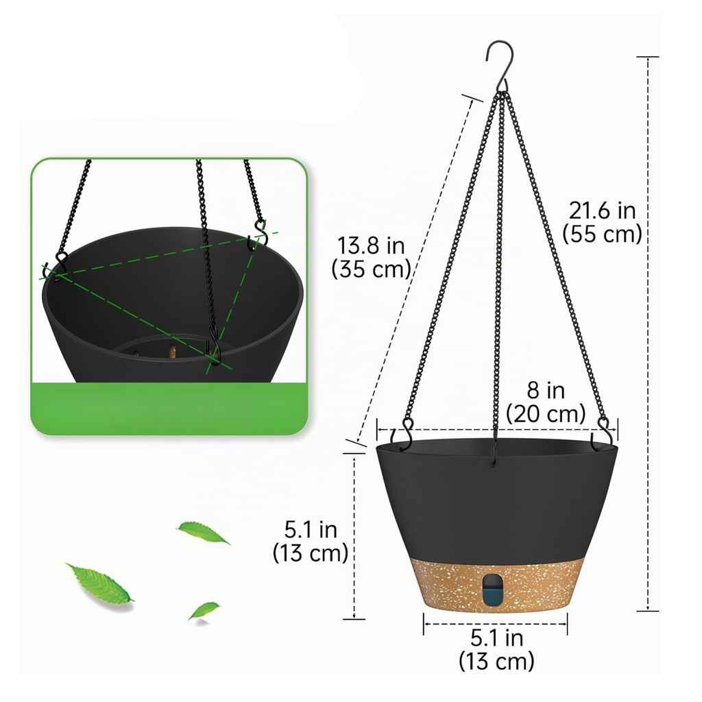 Set de 2 maceteros colgantes de 20 cm con autorriego, orificios de drenaje y cadenas metálicas, gris oscuro