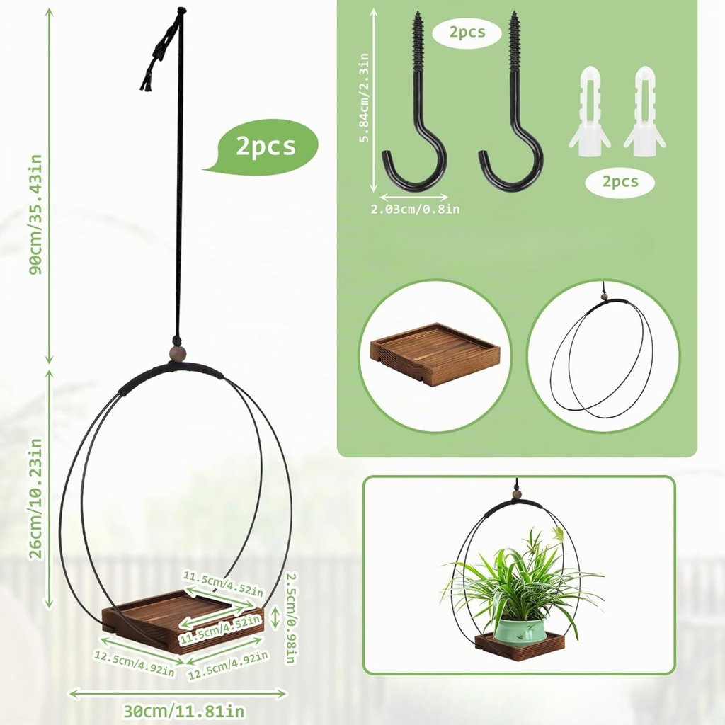 Set de 2 soportes colgantes para plantas con base de madera, diseño boho para interior y exterior