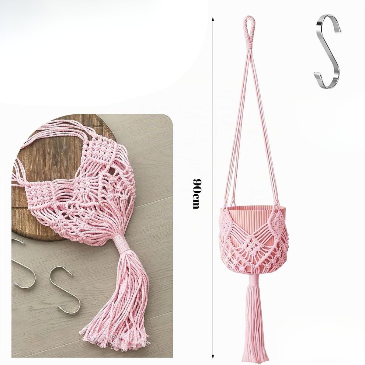 Set de 2 colgadores de macramé para macetas de hasta 20 cm, diseño boho en rosa claro