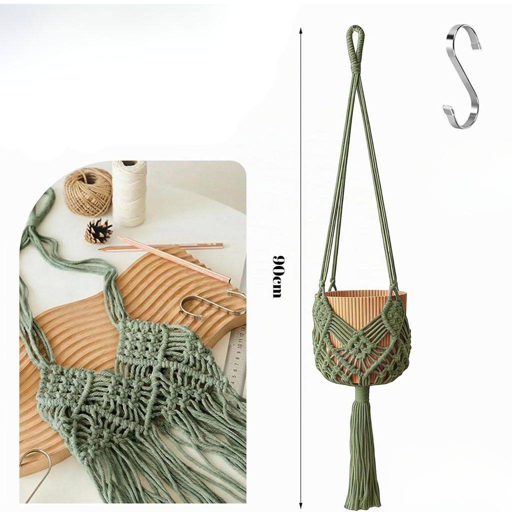 Set de 2 colgadores de macramé para macetas de hasta 20 cm, diseño boho en verde oscuro