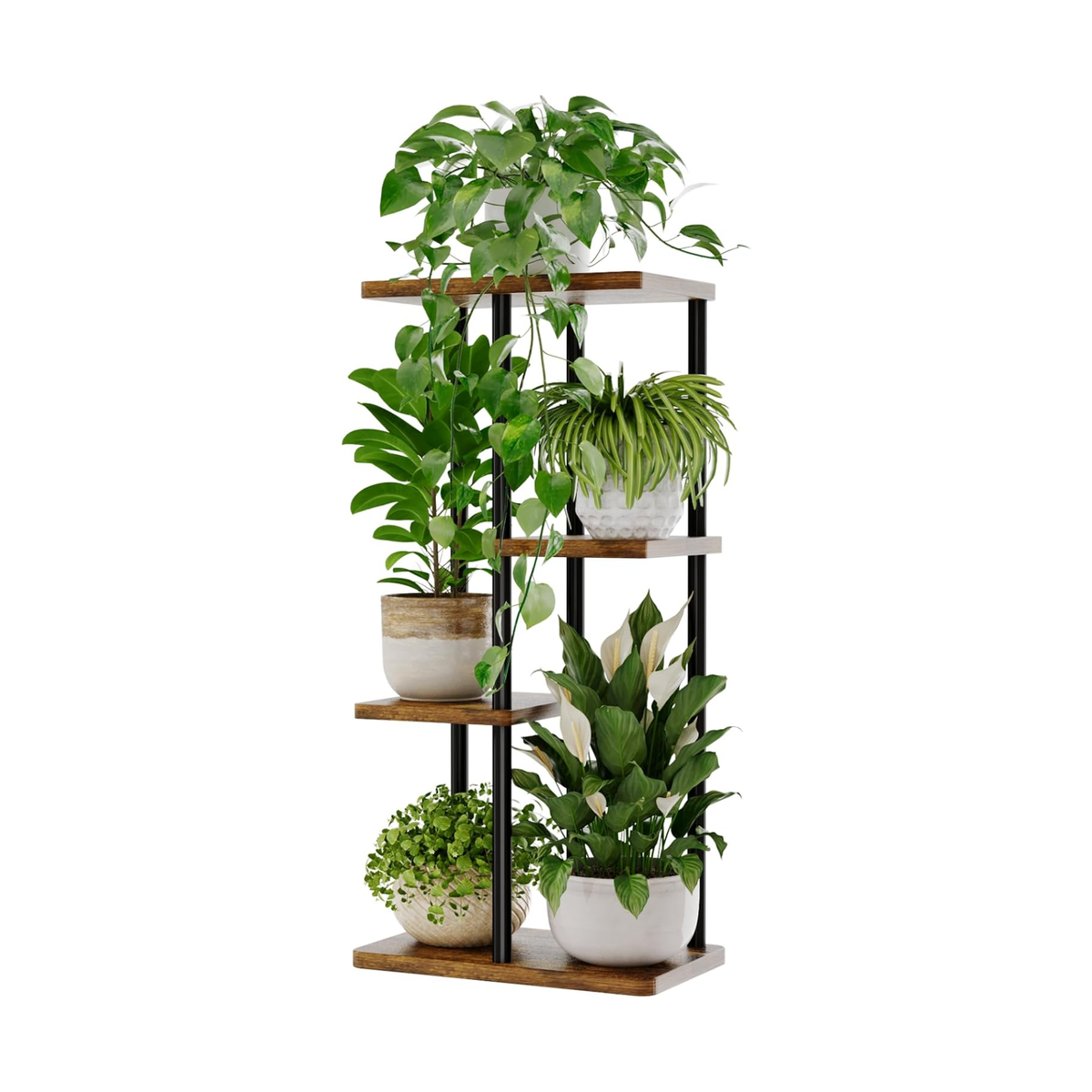 Estantería para plantas de 4 niveles con estructura metálica y estantes de madera, ideal para interior, balcón y patio
