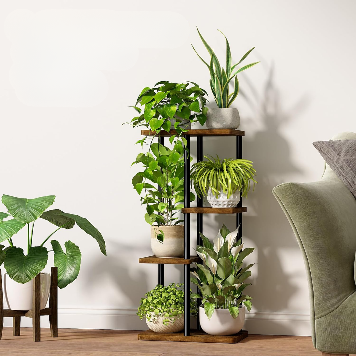 Estantería para plantas de 4 niveles con estructura metálica y estantes de madera, ideal para interior, balcón y patio