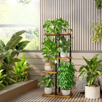 Estantería para plantas de 4 niveles con estructura metálica y estantes de madera, ideal para interior, balcón y patio