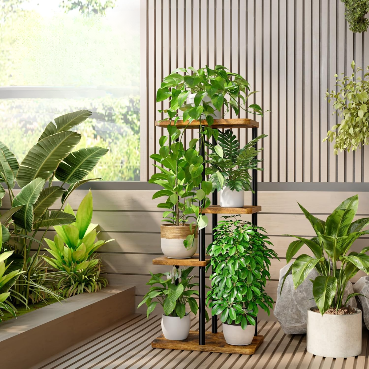 Estantería para plantas de 4 niveles con estructura metálica y estantes de madera, ideal para interior, balcón y patio