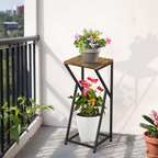 Soporte para plantas de 2 niveles, estructura metálica con estante de madera, ideal para interior, balcón y terraza
