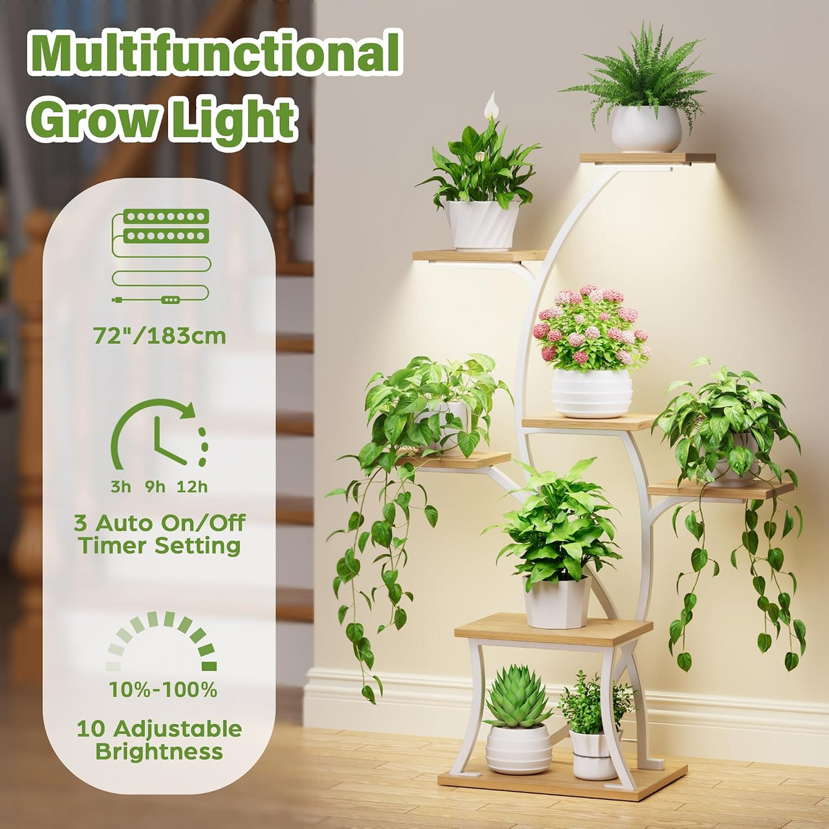 Estantería para Plantas de Interior con Luz de Cultivo, 7 Niveles, Estructura Metálica Curvada, Blanco