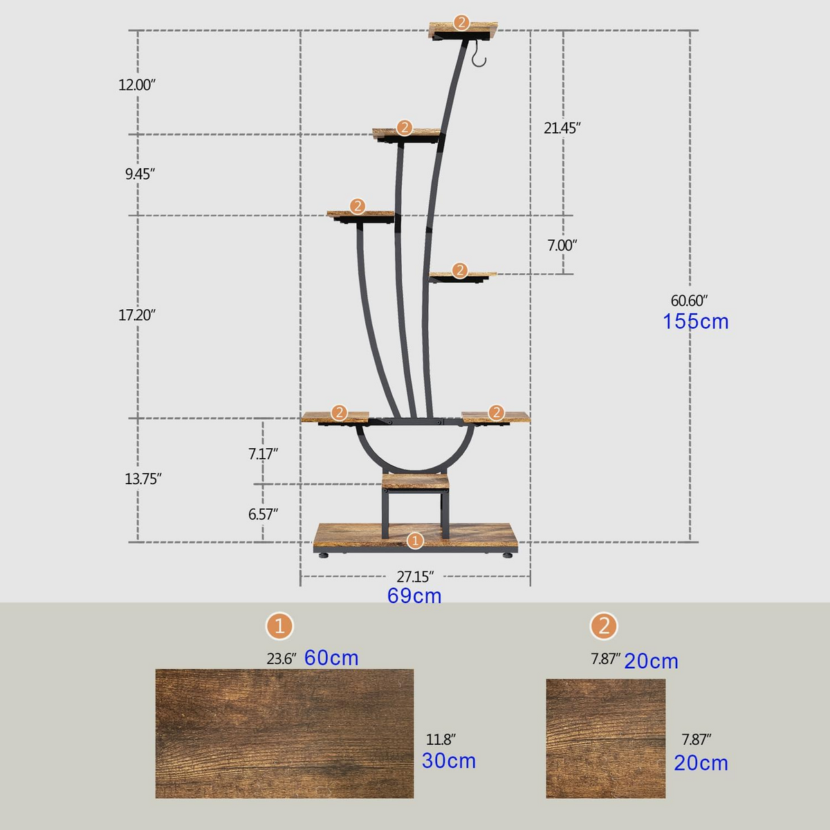 Estantería para plantas con luz de cultivo, 7 niveles, estructura de metal y madera para interior, salón, balcón y jardín