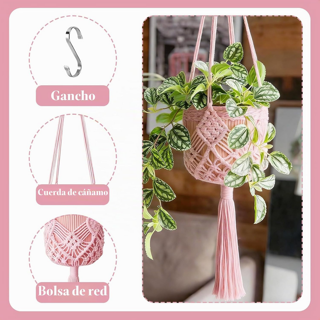 Set de 2 colgadores de macramé para macetas de hasta 20 cm, diseño boho en rosa claro