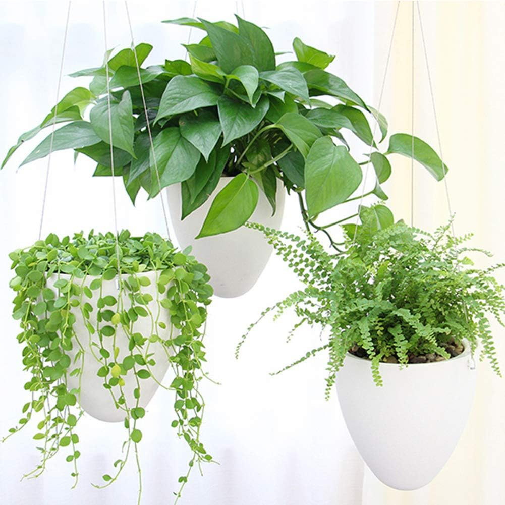 Set de 3 maceteros colgantes de autorriego con doble recipiente, blancos mate, para plantas de interior