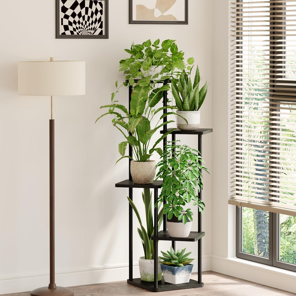 Estantería esquinera para plantas de 5 niveles, estructura metálica con estantes de madera, negra, para interior y exterior