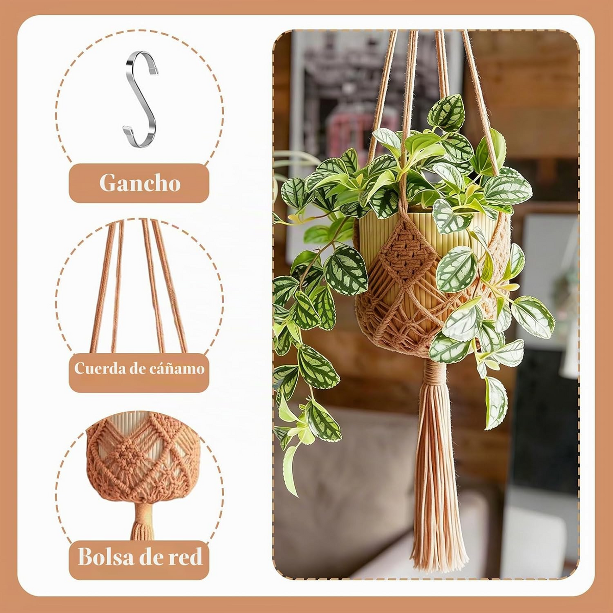Set de 2 colgadores de macramé para macetas de hasta 20 cm, diseño boho en color caramelo