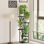 Estantería para plantas de 6 niveles, estructura metálica con estantes de madera, negra, para interior y exterior