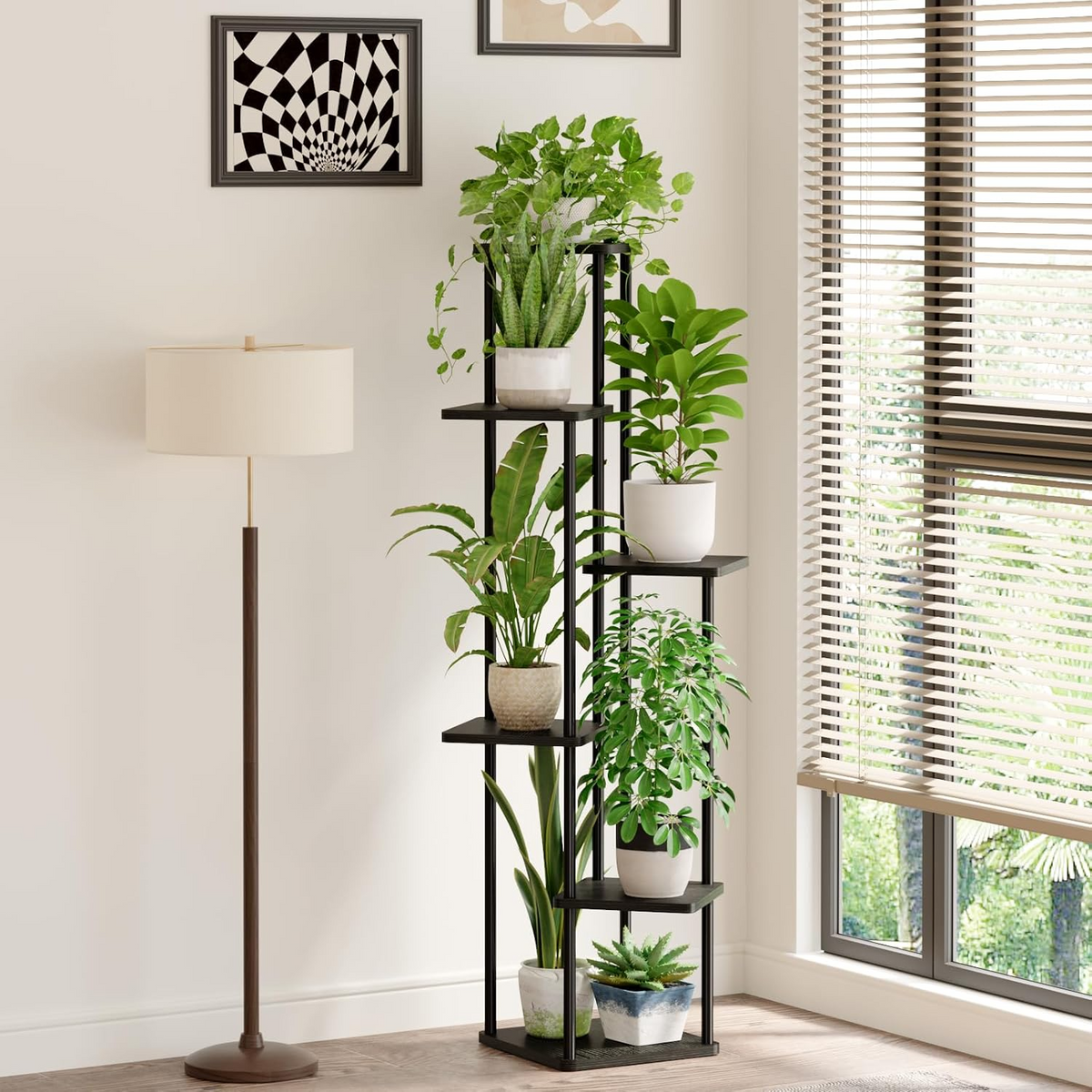 Estantería para plantas de 6 niveles, estructura metálica con estantes de madera, negra, para interior y exterior