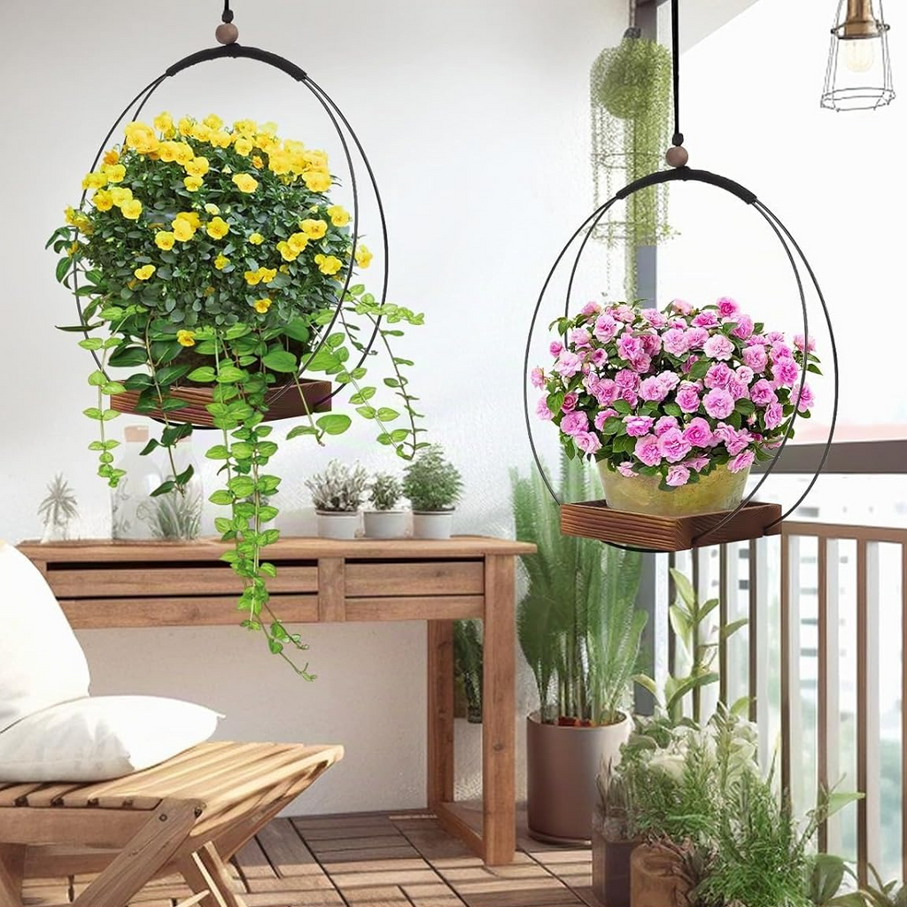 Set de 2 soportes colgantes para plantas con base de madera, diseño boho para interior y exterior