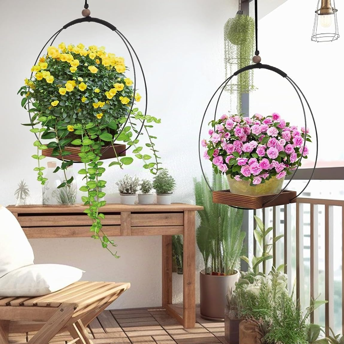 Set de 2 soportes colgantes para plantas con base de madera, diseño boho para interior y exterior
