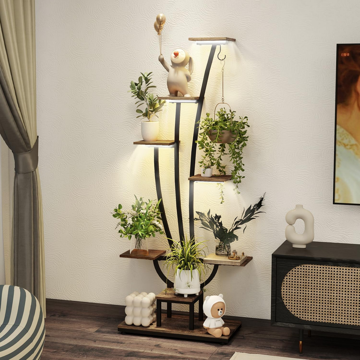 Estantería para plantas con luz de cultivo, 7 niveles, estructura de metal y madera para interior, salón, balcón y jardín