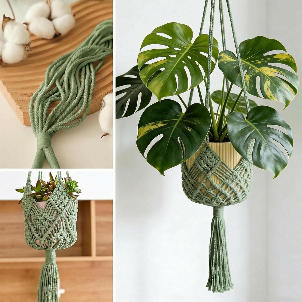 Set de 2 colgadores de macramé para macetas de hasta 20 cm, diseño boho en verde oscuro