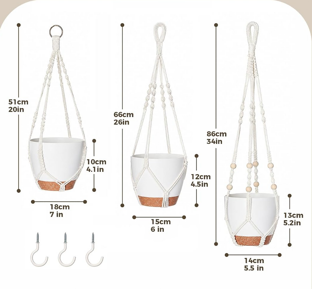 Set de 3 maceteros colgantes con soportes de macramé y sistema de autorriego, blancos, para interior y balcón