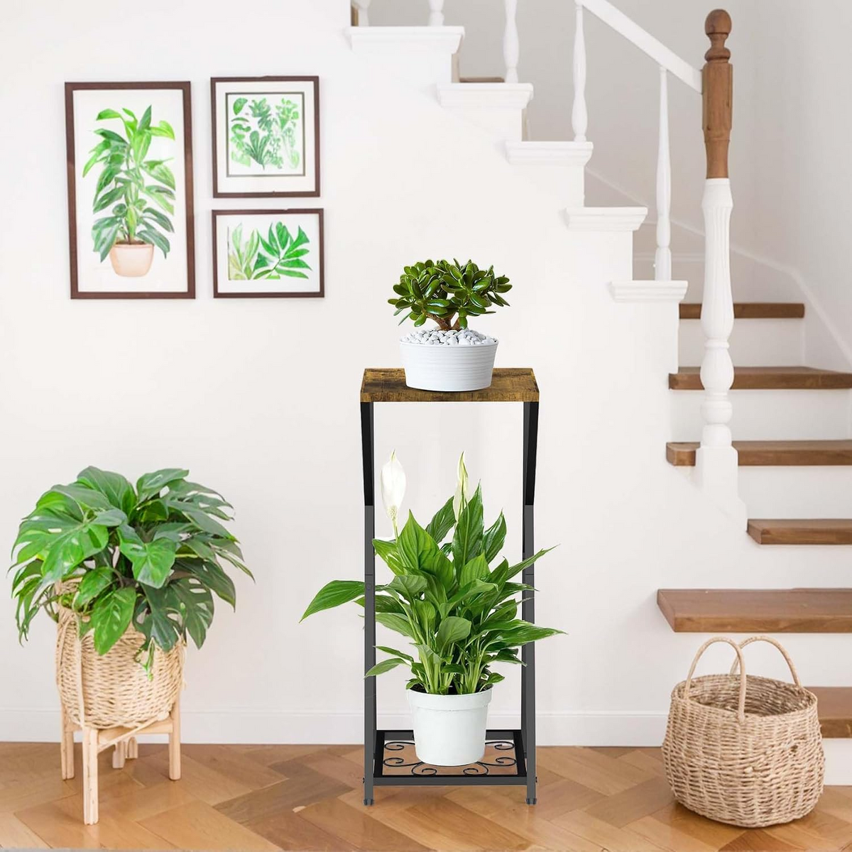 Soporte para plantas de 2 niveles, estructura metálica con estante de madera, ideal para interior, balcón y terraza