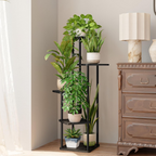 Estantería esquinera para plantas de 5 niveles, estructura metálica con estantes de madera, negra, para interior y exterior