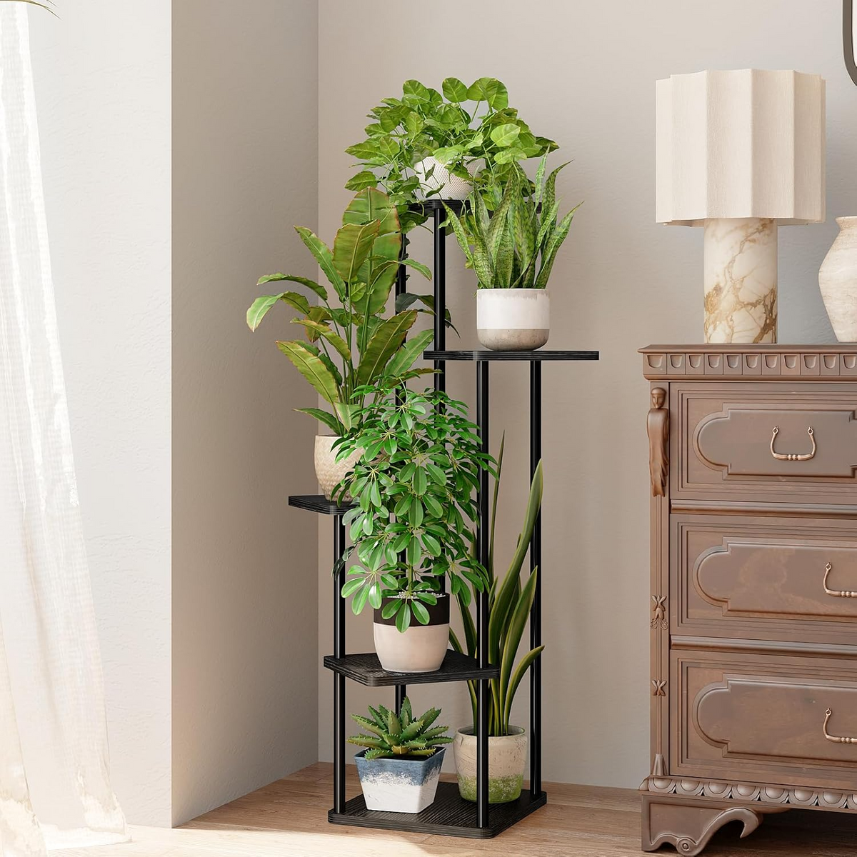 Estantería esquinera para plantas de 5 niveles, estructura metálica con estantes de madera, negra, para interior y exterior