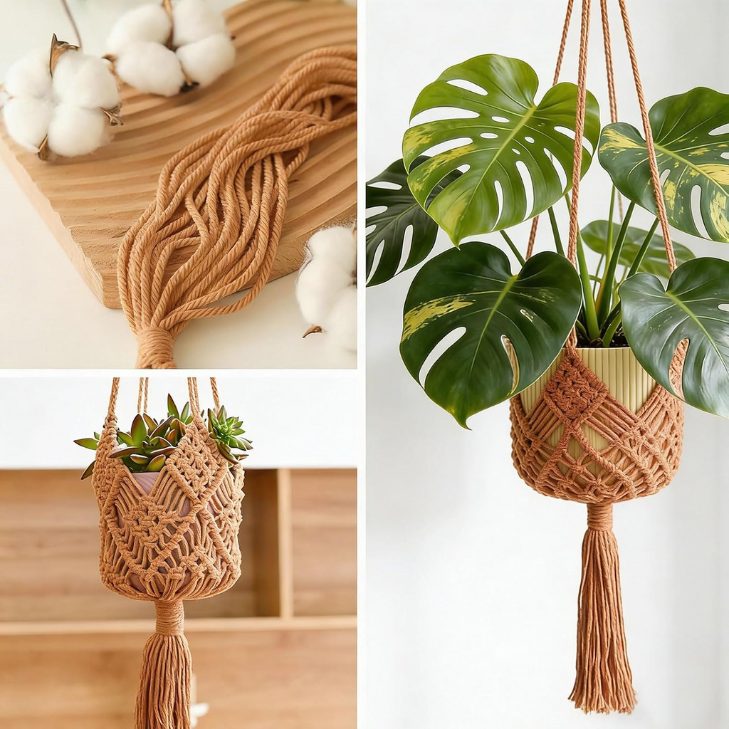 Set de 2 colgadores de macramé para macetas de hasta 20 cm, diseño boho en color caramelo
