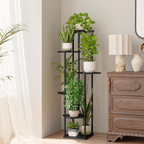 Estantería para plantas de 6 niveles, estructura metálica con estantes de madera, negra, para interior y exterior