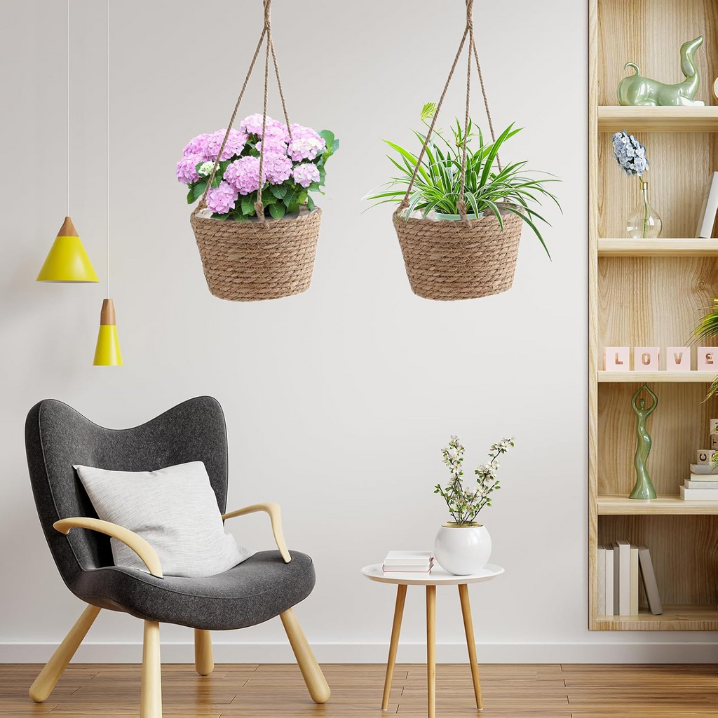 Set de 2 maceteros colgantes de fibra natural de 20 cm, tejidos a mano, para interior y exterior