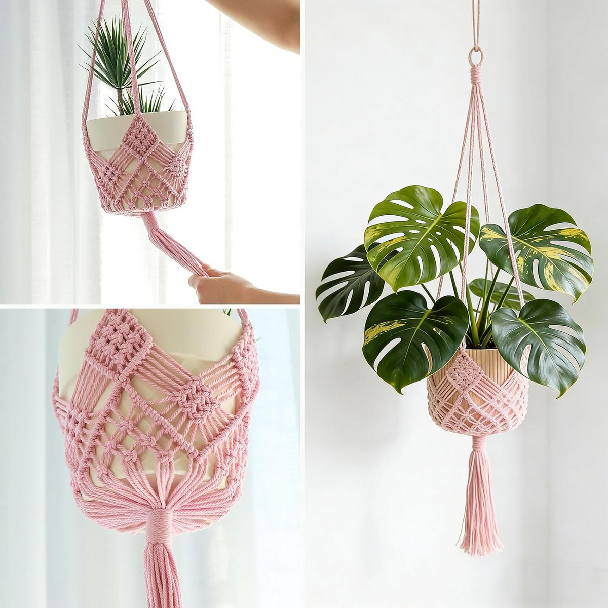 Set de 2 colgadores de macramé para macetas de hasta 20 cm, diseño boho en rosa claro